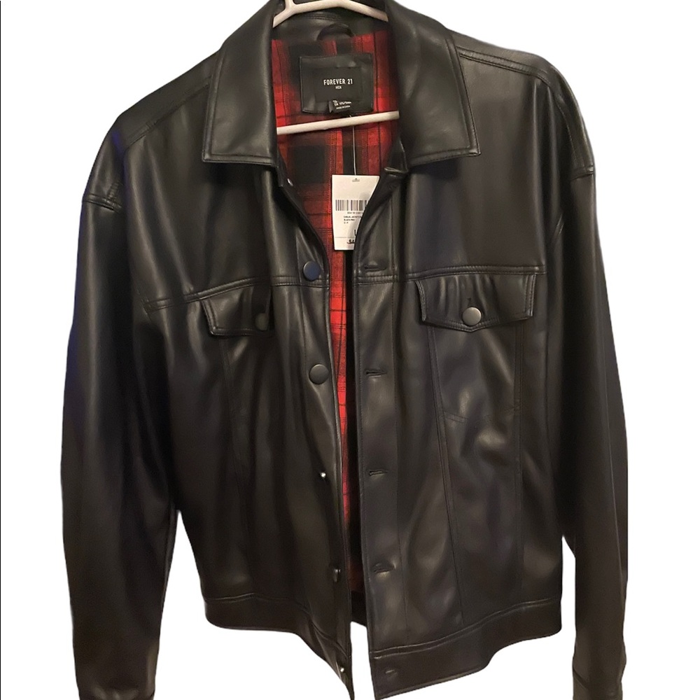Black faux leather mens large jacket with red and black flannel fabric inside